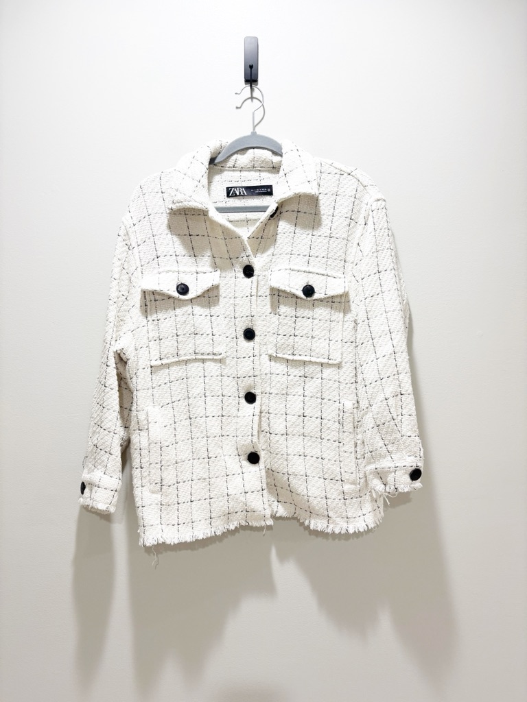 Zara White Tweed Check Button-Up Shirt Jacket Frayed Hem Chic Classic Size S